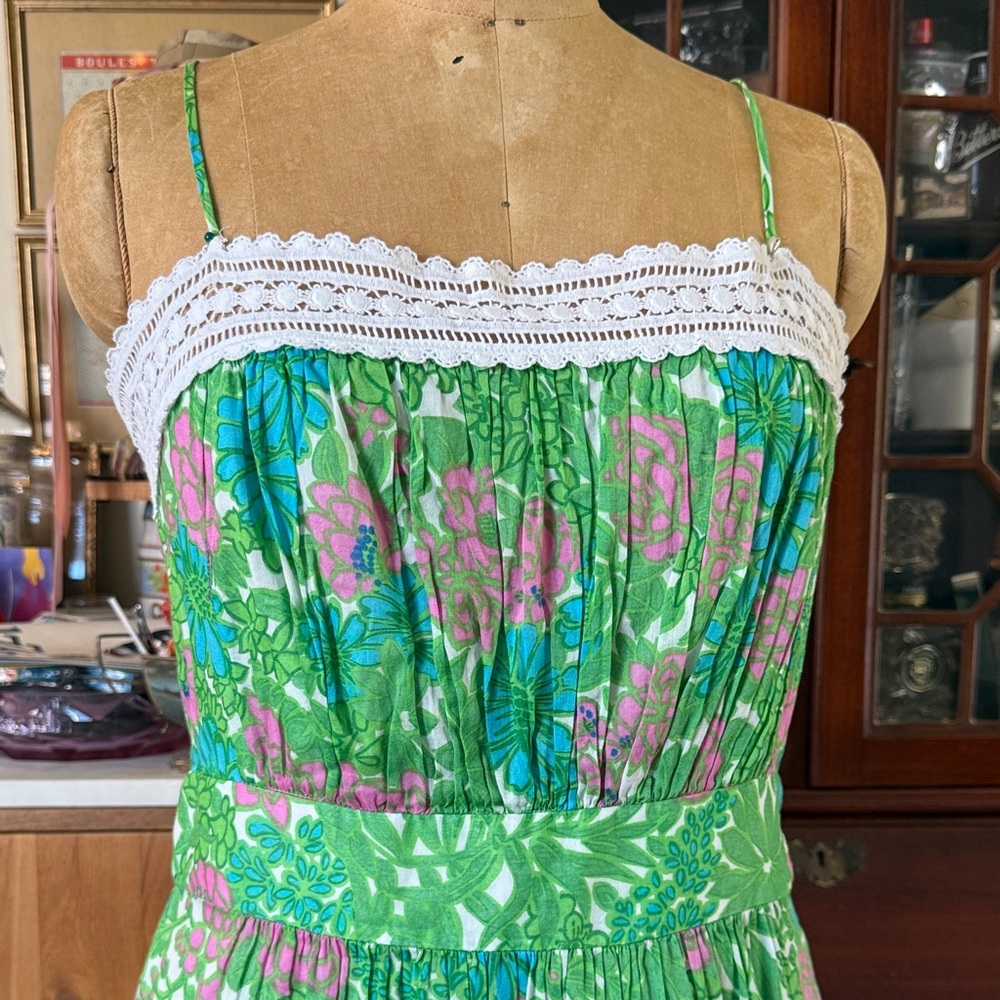 Milly Green Pink Blue Floral Sundress with White Lace Trim